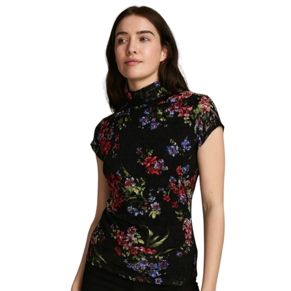 new directions Tops - New Directions Black Multicolor Floral Lace Mockneck Top MP Whimsigoth